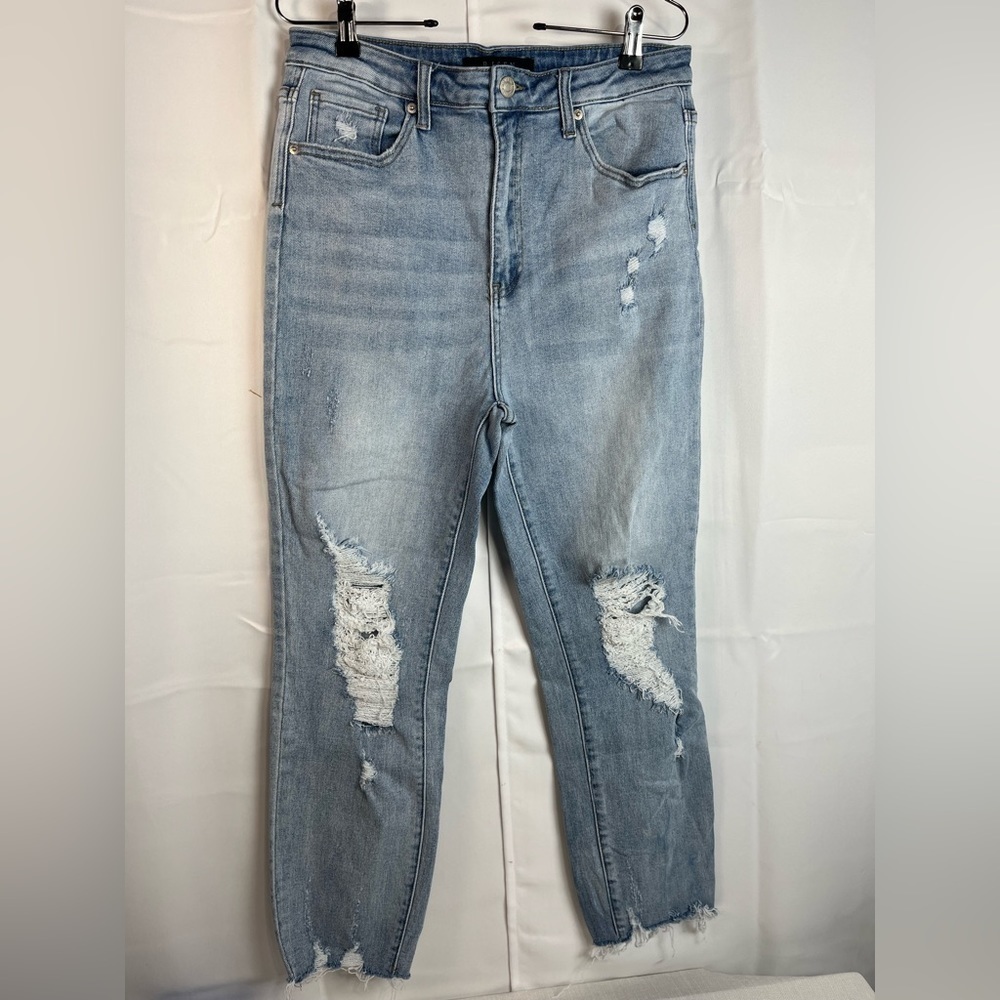 Risen Los Angeles Womens High Rise Distressed Light Wash Raw Hem Jeans Sz 32/15